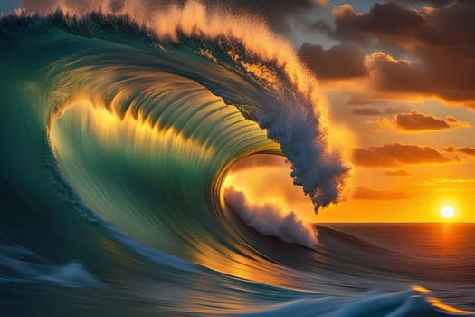 Surfing ocean wave at sunset. Beautiful natural landscape. Beautiful sunset over ocean wave. Surfing on the ocean.Ocean wave at sunset. 3D render of ocean wave at sunset.