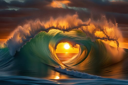 Surfing ocean wave at sunset. Beautiful natural landscape. Beautiful sunset over ocean wave. Surfing on the ocean.Ocean wave at sunset. 3D render of ocean wave at sunset.