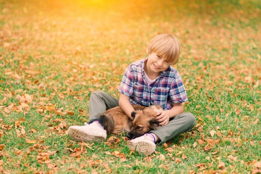 Cute boy playing and walking with his dog in the meadow.