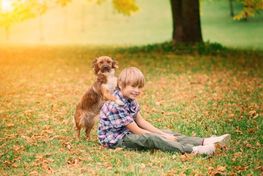 Boy hugging a dog and plyaing with in the fall, city park