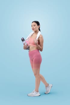 Athletic and sporty asian woman resting and drink water after intensive cardio workout training. Healthy exercising and fit body care lifestyle pursuit in studio shot isolated background. Vigorous