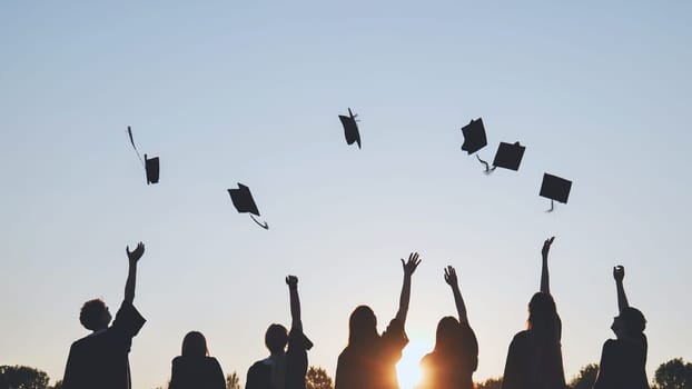 Silhouettes of Happy college graduates tossing their caps up at sunset