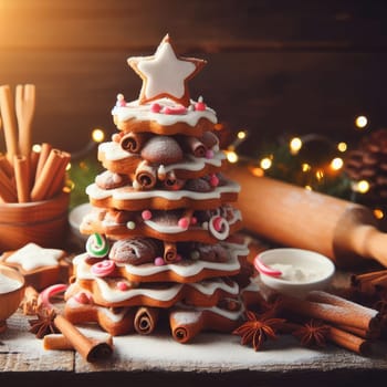 Festive Homemade Gingerbread Tree on Vintage Wooden Background with Spices and Decorations. Cozy Christmas Baking Scene in Macro View.