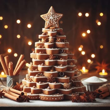 Festive Homemade Gingerbread Tree on Vintage Wooden Background with Spices and Decorations. Cozy Christmas Baking Scene in Macro View.