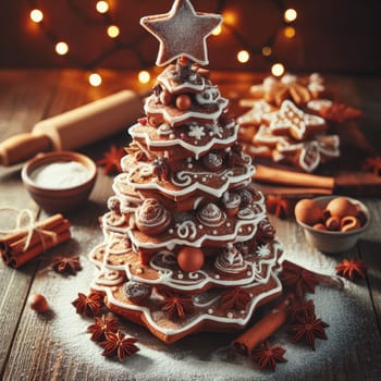 Festive Homemade Gingerbread Tree on Vintage Wooden Background with Spices and Decorations. Cozy Christmas Baking Scene in Macro View.