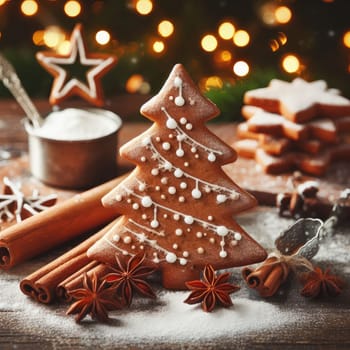 Festive Homemade Gingerbread Tree on Vintage Wooden Background with Spices and Decorations. Cozy Christmas Baking Scene in Macro View.