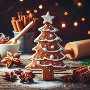 Festive Homemade Gingerbread Tree on Vintage Wooden Background with Spices and Decorations. Cozy Christmas Baking Scene in Macro View.