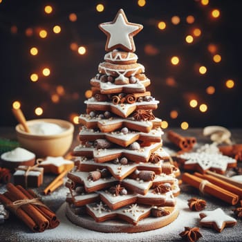 Festive Homemade Gingerbread Tree on Vintage Wooden Background with Spices and Decorations. Cozy Christmas Baking Scene in Macro View.