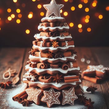 Festive Homemade Gingerbread Tree on Vintage Wooden Background with Spices and Decorations. Cozy Christmas Baking Scene in Macro View.