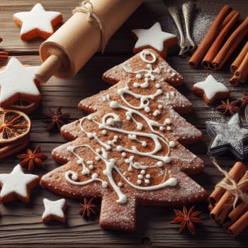 Festive Homemade Gingerbread Tree on Vintage Wooden Background with Spices and Decorations. Cozy Christmas Baking Scene in Macro View.