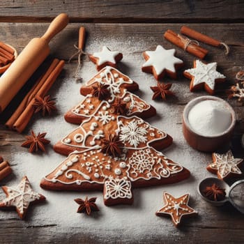 Festive Homemade Gingerbread Tree on Vintage Wooden Background with Spices and Decorations. Cozy Christmas Baking Scene in Macro View.