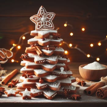 Festive Homemade Gingerbread Tree on Vintage Wooden Background with Spices and Decorations. Cozy Christmas Baking Scene in Macro View.