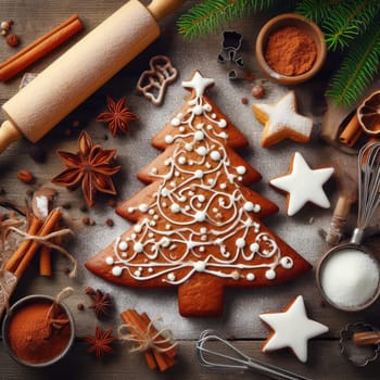 Festive Homemade Gingerbread Tree on Vintage Wooden Background with Spices and Decorations. Cozy Christmas Baking Scene in Macro View.