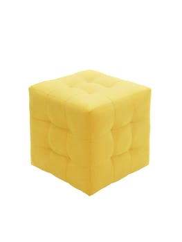 unusual modern yellow cubic padded stool upholstered with soft fabric in strict style isolated on white background. creative approach to making furniture in shape of geometric figures