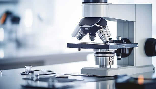 Close-up shot of microscope with metal lens at laboratory. examining for test sample under the microscope in laboratory. Scientist testing copy space space for text