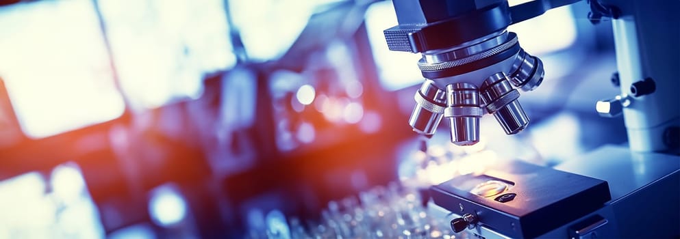 Close-up shot of microscope with metal lens at laboratory. examining for test sample under the microscope in laboratory. Scientist testing copy space space for text