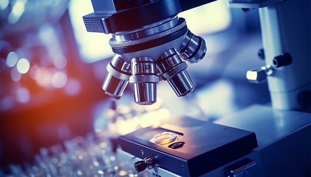 Close-up shot of microscope with metal lens at laboratory. examining for test sample under the microscope in laboratory. Scientist testing copy space space for text