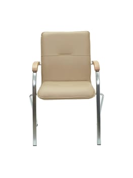 beige leather office chair with chrome legs and elbow in strict style isolated on white background, front view. contemporary furniture in minimal style, interior, home design