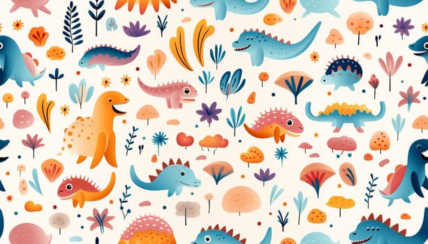 Adorable seamless pattern with funny dinosaurs in cartoon. Ideal for cards, invitations, party, banners, kindergarten, baby shower, preschool and children room decoration pastel