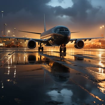 Commercial airplane at the airport at sunset. Generative AI.