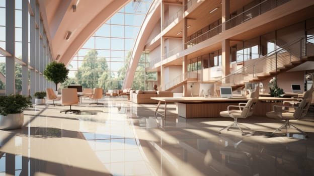 A beautiful modern spacious office hall with panoramic windows and a perspective in pleasant natural beige.