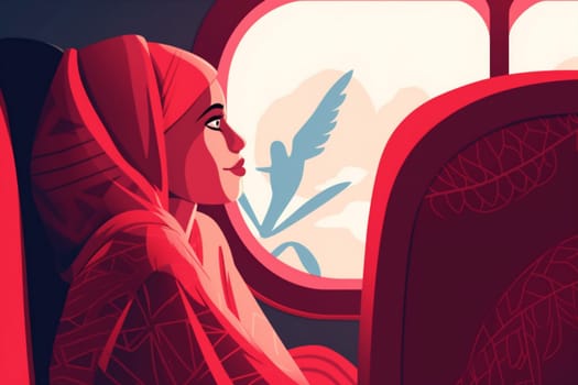 woman flight female air chair sitting vacation aeroplane transport plane character happy trip seat hijab transportation departure journey passenger travel window. Generative AI.