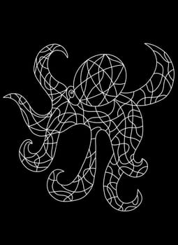 Black and White Octopus in Stained Glass Window Style. Outline Octopus Illustration with Mosaic Tiles. Hand Drawn Sea Life Coloring Book Pages.