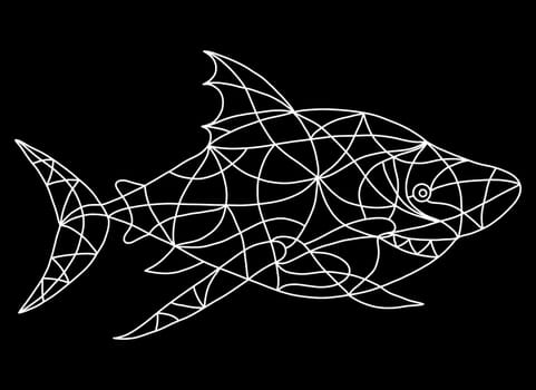 Black and White Shark in Stained Glass Window Style. Mosaic Tiles Shark Isolated on White Background. Coloring Book Pages for Adult.