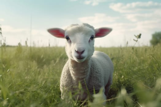 day mountain sunlight lamb sheep field animals cute grazing grass animal farm sun shepherd green agriculture background wool domestic baby meadow. Generative AI.