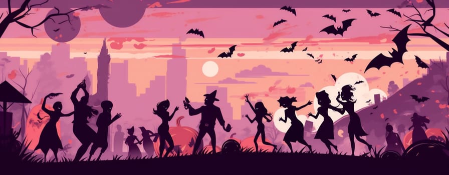 woman orange dark banner evil night party design witch carnival autumn invitation horror black bat holiday magic halloween creepy devil background. Generative AI.