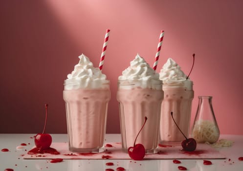 cocktail cream glass drink beverage mixed ai pink tasty healthy fresh white vintage ice smoothie retro cherry milkshake milk sweet. Generative AI.