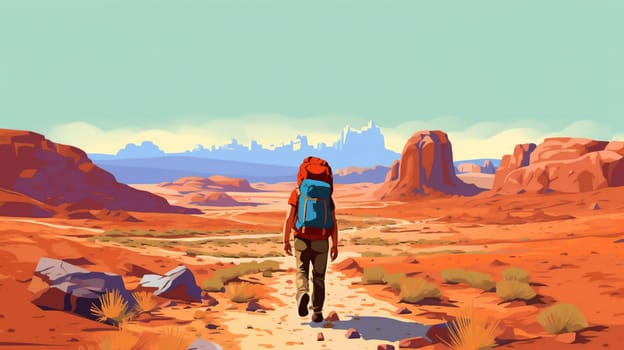 desert man adventure travel landscape mountain dune nature fiction sky arid heat science trek hike person isolation journey walking endurance sand backpack. Generative AI.