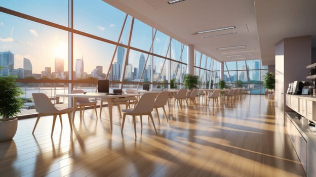 A beautiful modern spacious office hall with panoramic windows and a perspective in pleasant natural beige.