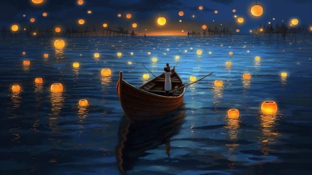 nature lantern art river festival candle night background asia chinese lamp boat travel landscape celebration red sea flames light water. Generative AI.