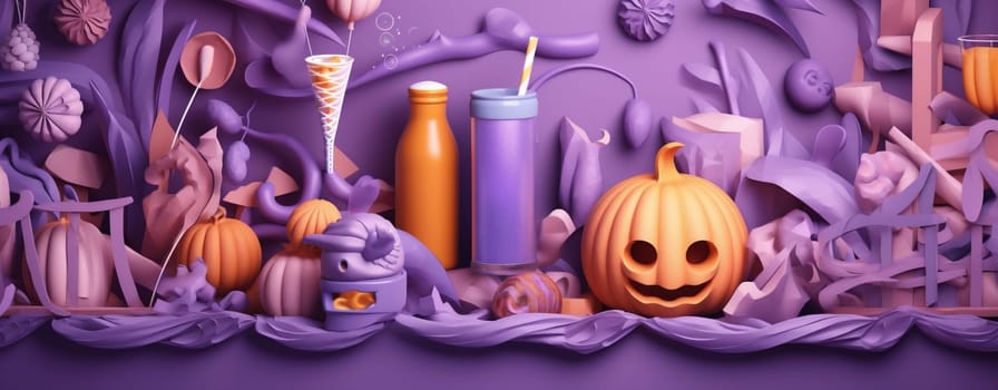 purple holiday autumn skittish cake colorful fun candy ghost sweet symbol party black halloween pumpkin spider halloween orange icing celebration party. Generative AI.