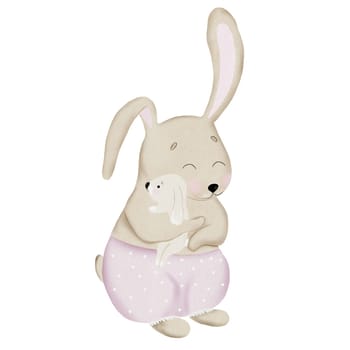 Watercolor illustration of bunnies mom and baby. Cute cartoon animal drawing in pastel colors for Mother's Day cards and nursery posters. room. High quality photo
