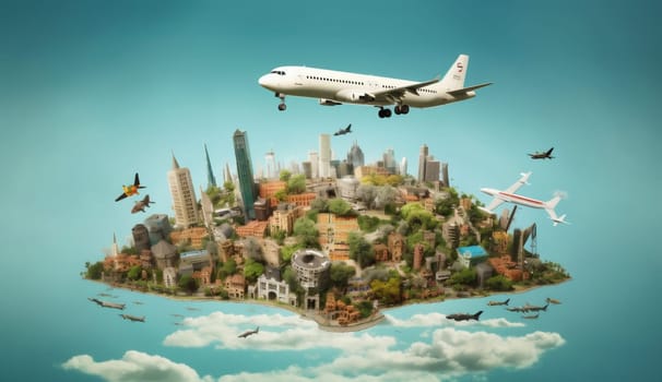 illustration plane global creative globe design famous city map concept traveling country worldwide aircraft sky international earth flight travel europa. Generative AI.