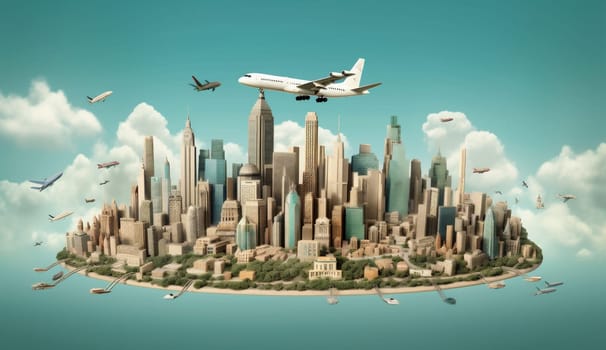 aeroplane travel europa journey globe illustration map three-dimensional earth concept global international holiday sky plane country city building usa italy. Generative AI.