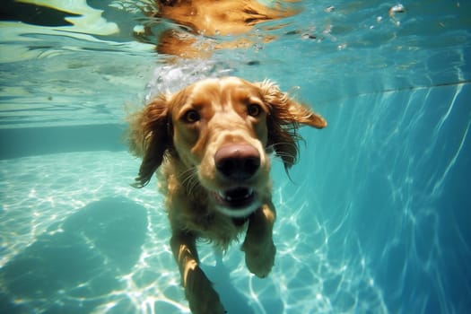 dog baby ocean pool outdoor training swimming adorable funny sport fun home action snorkeling underwater puppy vacation diving playful water. Generative AI.