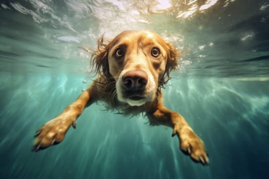 dog swim vacation active pet underwater retriever golden play snorkeling swimming ocean dive puppy water pool game baby fun funny action. Generative AI.