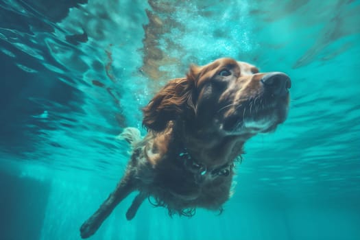 pool dog outdoor puppy swimming swimmer game play active underwater playful funny vacation home jump snorkeling water happy fun dive. Generative AI.