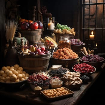 Large wooden table with food for cooking delicious traditional dishes for the holiday.