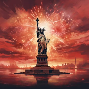 The Statue of Liberty in front of the night festive fireworks in honor of the US Independence Day. High quality photo