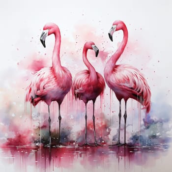 Image of three pink flamingos on a white background. High quality photo