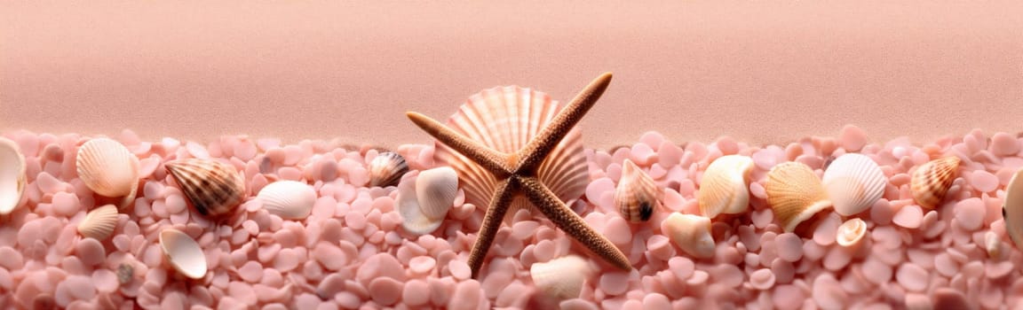 ocean shell sea border nature summer sand card banner tropical beach travel holiday shore white relax starfish ai blank landscape. Generative AI.