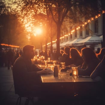 Blurred image of a street cafe or bar in the light of evening lights. In summer people sit at cafe tables.