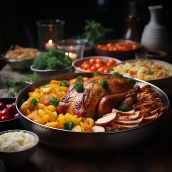 Thanksgiving dinner. A traditional roast turkey dish is on the table.