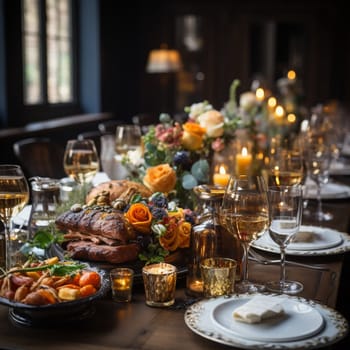 Thanksgiving dinner. A traditional roast turkey dish is on the table.