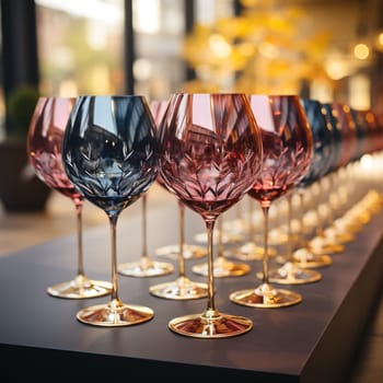 Colorful wine glasses are prepared for setting the festive table.