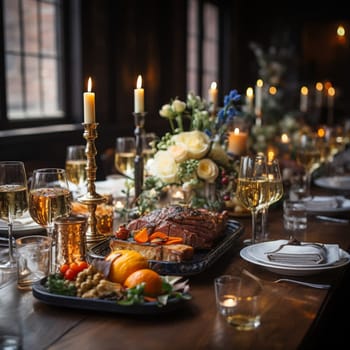 Thanksgiving dinner. A traditional roast turkey dish is on the table.